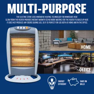 1200w Halogen Heater Instant Heat Winter Oscillating 3 Bars Home Office