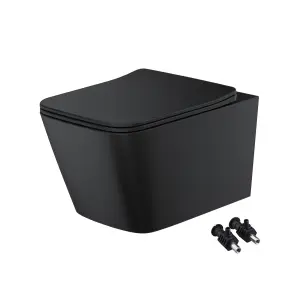 Bubly Bathrooms™ Matt Black Square Rimless 2.0 Wall Hung Toilet Pan & Soft Close Seat - Hidden Fixation