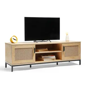 VonHaus Rattan TV Unit - Light Wood Wicker TV Cabinet - 2 Storage Cupboards & 2 Open Shelves Entertainment Unit, Max. 60" TV