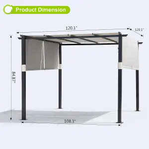 10' x 10' Flat Top Outdoor Pergola with Adjustable  Canopy for Patio Use-Grey