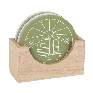 Something Different Happy Camper Coaster Set (Pack of 4) Green/White/Brown (One Size)