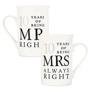 Ivory White 10th Anniversary Mr Right & Mrs Always Right Ceramic Mug Gift Set