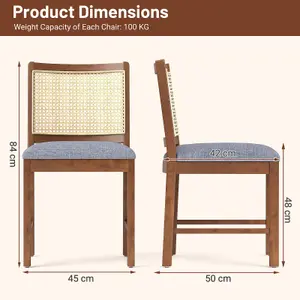 COSTWAY Rattan Dining Chair Set of 2 Wooden Upholstered Kitchen Side Armless Chairs