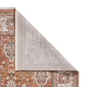 Brown Terracotta Traditional Bordered Floral 10mm Thick Stain-Resistant Rug For Bedroom, & Dining Room-80cm X 300cm