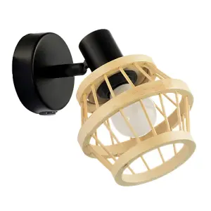 Industrial and Classic Black Switched Wall Light with Brown Bamboo Framed Shade