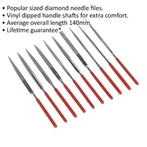 10 Piece 140mm Diamond Needle File Set - Vinyl Dipped Handles - Precision Files