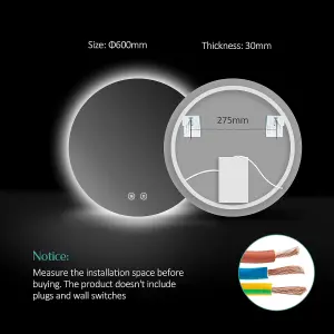 EMKE Round Bathroom Mirror with Led Lights, 600mm Wall Mounted Vanity Mirror with Touch, Demister and Memory Dimmable