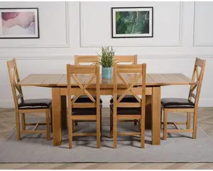 Richmond 140cm - 220cm Oak Extending Dining Table and 6 Chairs Dining Set with Berkeley Brown Leather Chairs