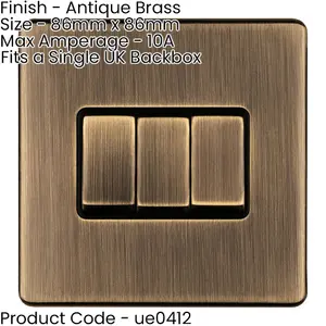 3 PACK 3 Gang Triple Light Switch SCREWLESS ANTIQUE BRASS 2 Way 10A Slim Rocker