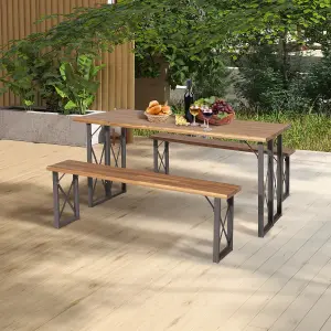 Costway 3 Pieces Outdoor Picnic Table & Bench Set Garden Wooden Dining Table w/ Umbrella Hole