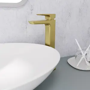 Nes Home Modern Countertop Brushed Brass Tall Square Basin Mono Mixer Tap