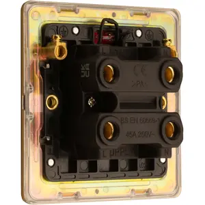 2 PACK 1 Gang Single 45A DP Cooker Switch & Neon SCREWLESS SATIN BRASS Rocker