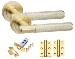 1 Set Knurled T-Bar Door Handles with Latch and Hinges Satin Brass Finish