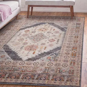 Floral Grey Traditional Abstract Persian Bordered Easy To Clean Rug For Dining Room-200cm X 290cm