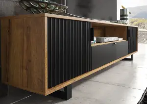 Blackridge TV Unit 200cm Oak & Black Fluted - Creative Furniture