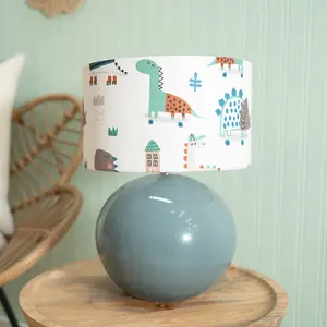 ValueLights Bosco Eucalyptus Ceramic Table Lamp with Cartoon Dino Drum Shade