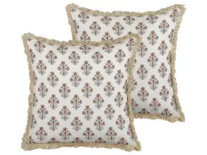 Set of 2 Cushions OMORIKA Cotton 45 x 45 cm Floral Block-Printing White