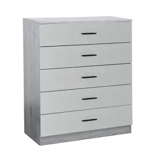 URBNLIVING Height 90.5cm 5 Drawer Wooden Bedroom Chest Cabinet Modern Ash Grey Carcass and Grey Drawers Wide Storage Cupboard