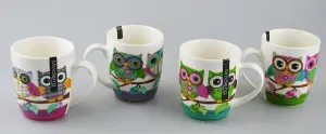 4 Cute Owl Mugs 13oz Bone China Coffee Tea Drinking Mugs Cup Set