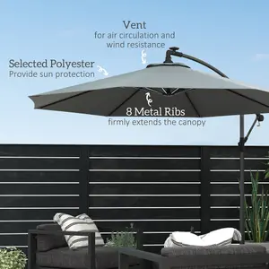 Outsunny 3(m) LED Patio Banana Umbrella Cantilever Parasol w/ Crank, Grey