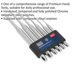 6 Piece PREMIUM Parallel Pin Punch Set - Hardened & Tempered - Polished Chrome