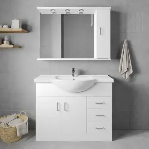 2 Door 3 Drawer Vanity Basin Unit with Round Basin - 1050mm - Gloss White