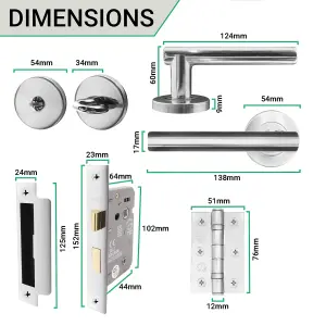 EAI Chrome Door Handle Bathroom T-Bar Lever on Rose Handles Bathroom Kit / Pack - 64mm Lock - 76mm Hinge - Polished Chrome