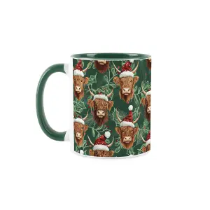 Christmas Highland Cow & Holly Green Ceramic Mug - Tea/Coffee Novelty Xmas Gift