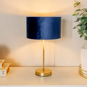 ValueLights Charles Gold Stem Table Lamp with Navy Blue Velvet with Gold Inner Lamp Shade and LED Bulb