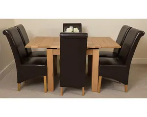 Richmond 90cm - 150cm Square Oak Extending Dining Table and 6 Chairs Dining Set with Montana Brown Leather Chairs