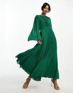 ASOS DESIGN Tie Back Fluted Sleeve Pleated Chevron Chiffon Midi Dress In Green - Green (Size: 18)