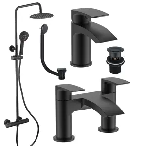 Matt Black Round Thermostatic Overhead Shower Kit with Sleek Basin Tap, Waterfall Bath Filler, and Pop Up Bath Waste