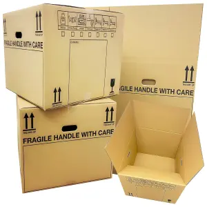 5 x Printed Corrugated Cardboard Boxes Packing House Moving Cartons Multi Use 21" x 21" x 16" With Handles