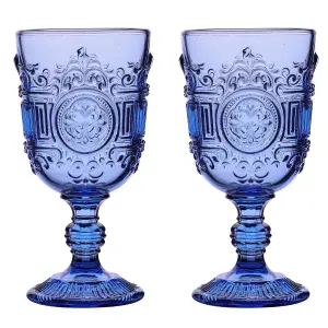 Set of 2 Luxury Blue Embossed Drinking Wine Glass Wine Goblets 300ml