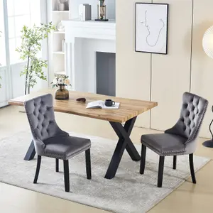 Cero Live Edge Oak Wood Veneer Dining Table and 4 Grey Luxury Velvet Dining Chairs Dining Room Furniture Sets