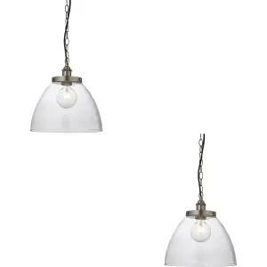 2 PACK Hanging Ceiling Pendant Light - Brushed Silver Paint & Clear Glass - 10W LED E27