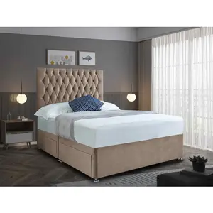 Jemma Divan Bed Set with Headboard and Mattress - Plush Fabric, Mink Color, 2 Drawers Right Side