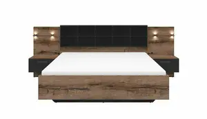 Luxury King Size Bed Euro Frame Padded Headboard LED Light USB Chargers Bedside Cabinets Oak Black Kassel