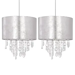 First Choice Lighting Set of 2 Silver Marble Affect Jewelled Light Shades