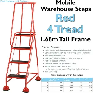 4 Tread Mobile Warehouse Steps RED 1.68m Portable Safety Ladder & Wheels