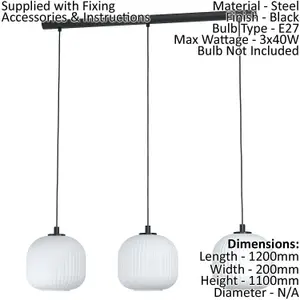 Pendant Ceiling 3 Bulb Light Colour Black Shade White Ridged Glass E27 3x40W