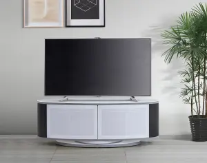 MDA Designs LUNA Gloss White Oval Cabinet with Black Profiles and White BeamThru Glass Doors for Flat Screen TVs up to 50"