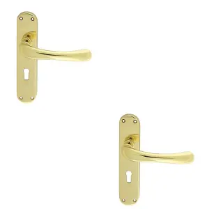 2 PACK - Smooth Rounded Latch & Lock Door Handle - Polished Brass Lever on Backplate