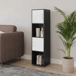 URBNLIVING 119cm Height 4 Cube Bookcase Black Wooden White Door Metal Handle Display Storage Shelf