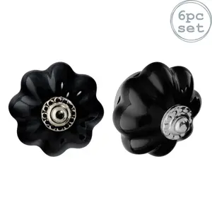 Nicola Spring - Floral Ceramic Cabinet Knobs - Black / White - Pack of 6