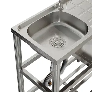 Rectangle One Compartment Stainless Steel Sink with Shelves and Drainboard for Restaurant, Kitchen, Outdoor