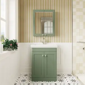 Traditional Floor Standing 2 Door Vanity Unit with 1 Tap Hole Fireclay Basin, 600mm - Satin Green