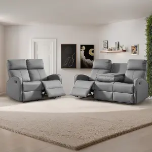 3+2 Manual Reclining Sofa Set with Drop Down Table and Cup Holders in Grey Leather - Parma