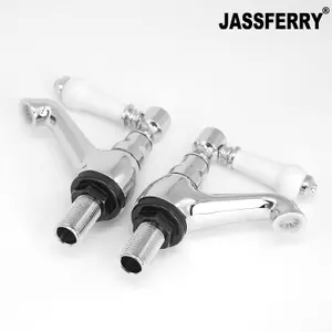 JASSFERRY Pair of Basin Pillar Taps Hot and Cold Water Bathroom Sink White Ceramic Lever, 1/2"