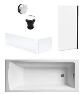 Square Single Ended Bath, Square Black Screen, Panels, Chrome Waste - 1700x700mm